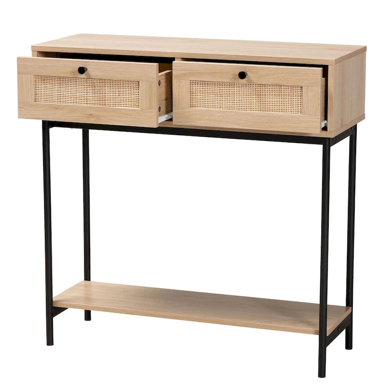 Console mi-siècle moderne à 2 tiroirs marron clair et noir avec accent en rotin tressé