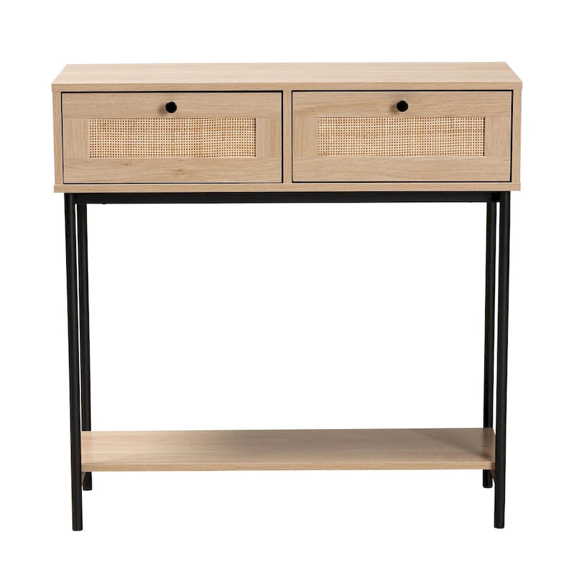 Console mi-siècle moderne à 2 tiroirs marron clair et noir avec accent en rotin tressé