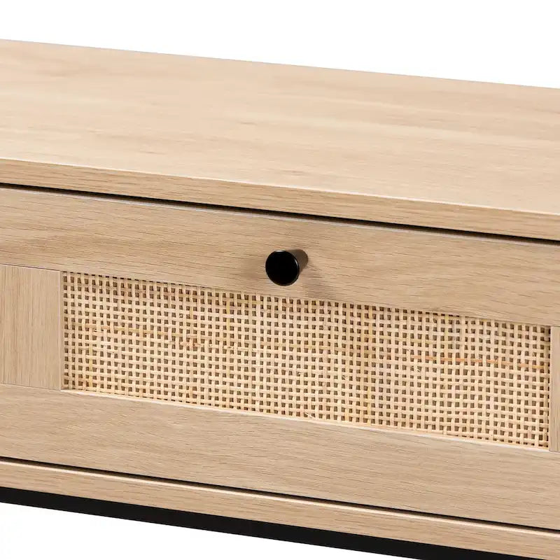 Console mi-siècle moderne à 2 tiroirs marron clair et noir avec accent en rotin tressé