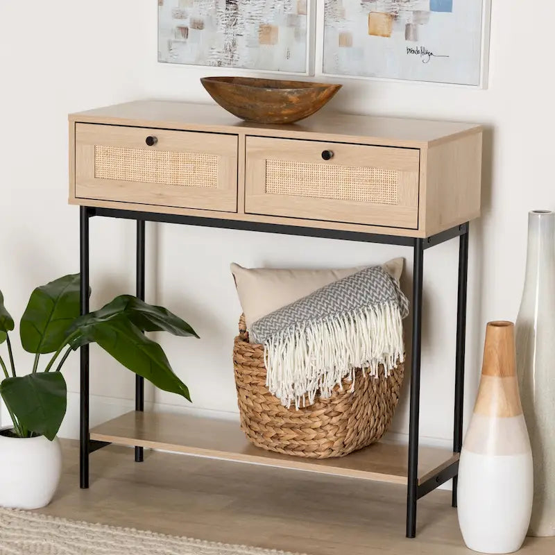 Console mi-siècle moderne à 2 tiroirs marron clair et noir avec accent en rotin tressé