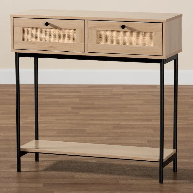 Console mi-siècle moderne à 2 tiroirs marron clair et noir avec accent en rotin tressé