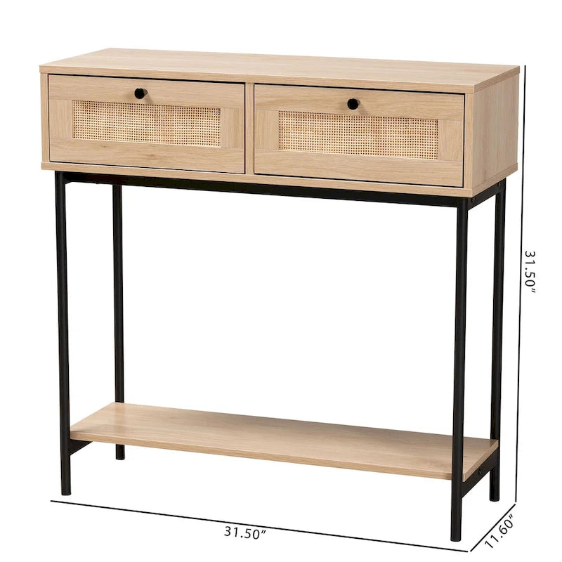 Console mi-siècle moderne à 2 tiroirs marron clair et noir avec accent en rotin tressé