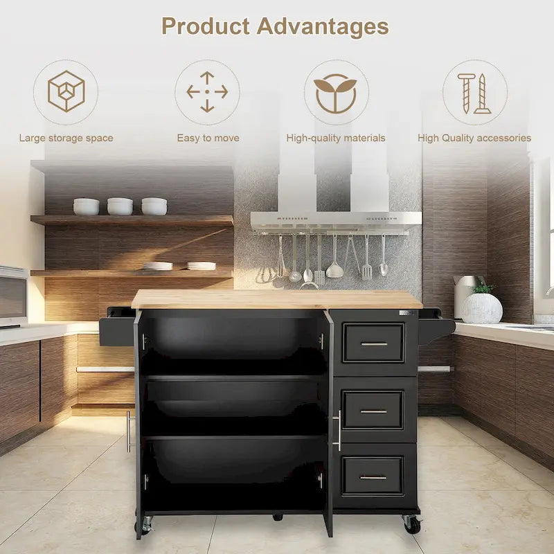Mobile Kitchen Island & Kitchen Cart,With Extendable Rubber Wood Top and 3 Drawers - 53.93(L) x 17(W) x 36.22(H