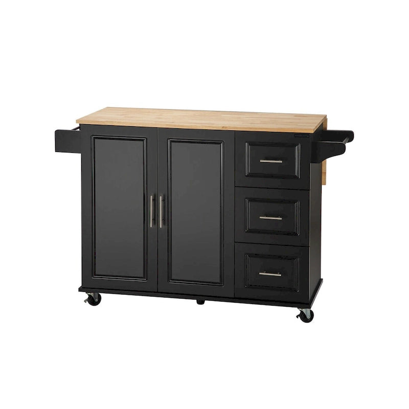 Îlot de cuisine mobile et chariot de cuisine, avec plateau extensible en bois d'hévéa et 3 tiroirs - 53,93(L) x 17(l) x 36,22(H)