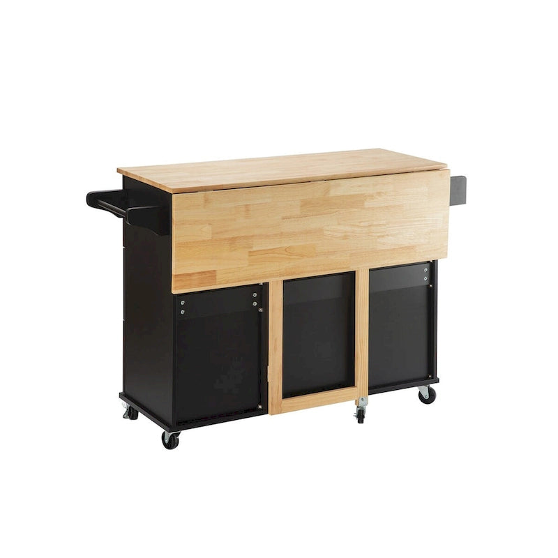 Îlot de cuisine mobile et chariot de cuisine, avec plateau extensible en bois d'hévéa et 3 tiroirs - 53,93(L) x 17(l) x 36,22(H)