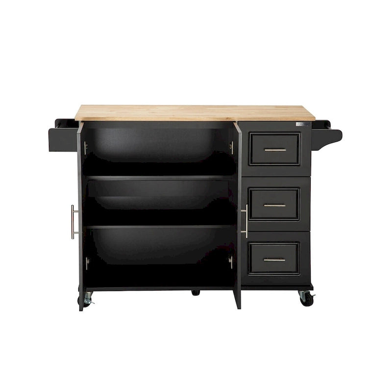 Îlot de cuisine mobile et chariot de cuisine, avec plateau extensible en bois d'hévéa et 3 tiroirs - 53,93(L) x 17(l) x 36,22(H)
