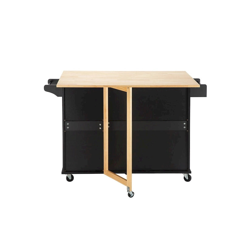 Îlot de cuisine mobile et chariot de cuisine, avec plateau extensible en bois d'hévéa et 3 tiroirs - 53,93(L) x 17(l) x 36,22(H)