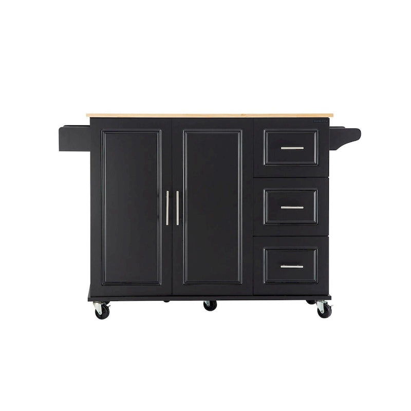 Îlot de cuisine mobile et chariot de cuisine, avec plateau extensible en bois d'hévéa et 3 tiroirs - 53,93(L) x 17(l) x 36,22(H)