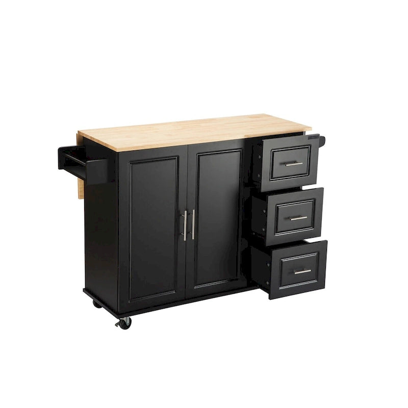 Îlot de cuisine mobile et chariot de cuisine, avec plateau extensible en bois d'hévéa et 3 tiroirs - 53,93(L) x 17(l) x 36,22(H)