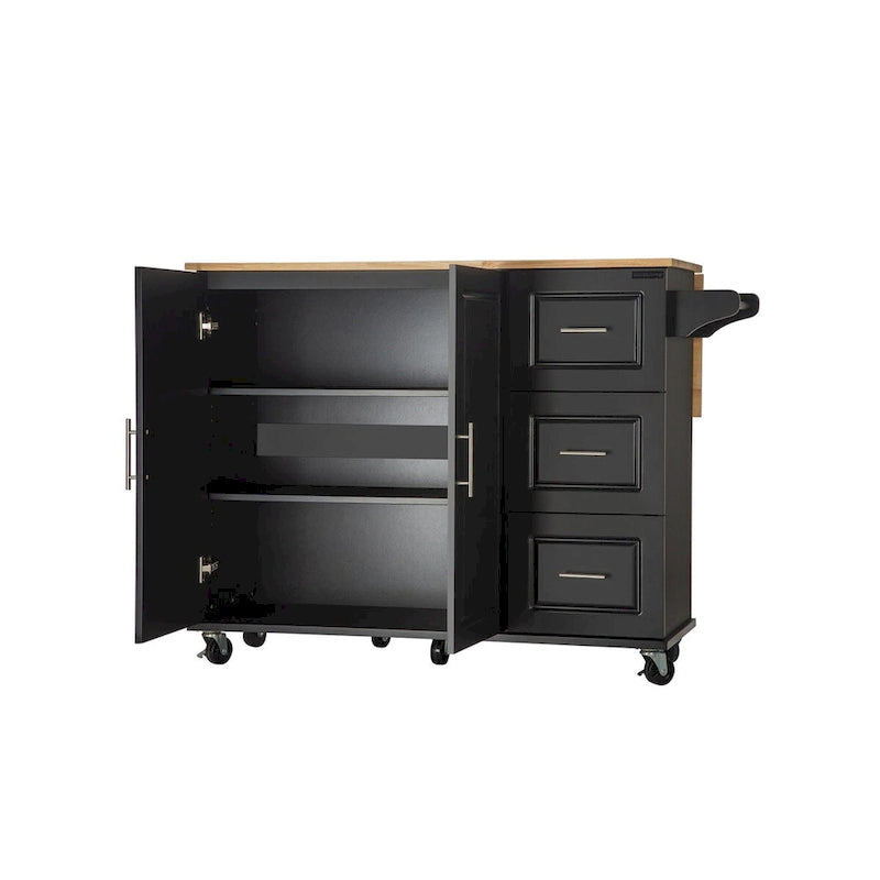Îlot de cuisine mobile et chariot de cuisine, avec plateau extensible en bois d'hévéa et 3 tiroirs - 53,93(L) x 17(l) x 36,22(H)