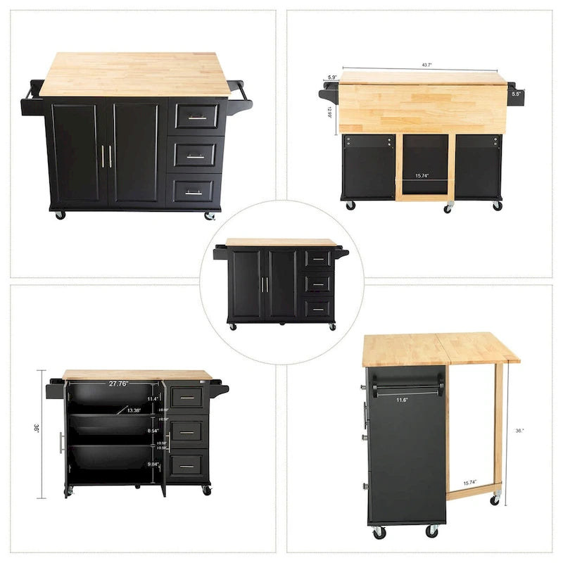 Îlot de cuisine mobile et chariot de cuisine, avec plateau extensible en bois d'hévéa et 3 tiroirs - 53,93(L) x 17(l) x 36,22(H)