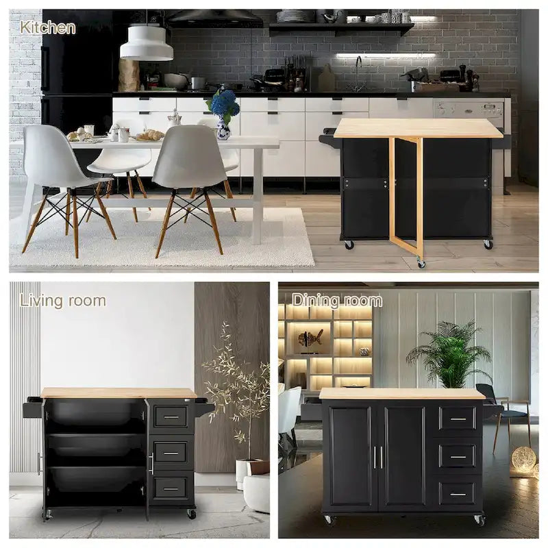Îlot de cuisine mobile et chariot de cuisine, avec plateau extensible en bois d'hévéa et 3 tiroirs - 53,93(L) x 17(l) x 36,22(H)