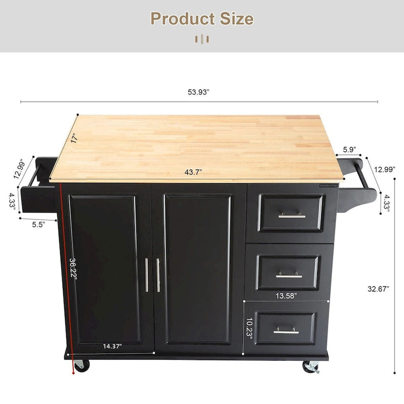Îlot de cuisine mobile et chariot de cuisine, avec plateau extensible en bois d'hévéa et 3 tiroirs - 53,93(L) x 17(l) x 36,22(H)