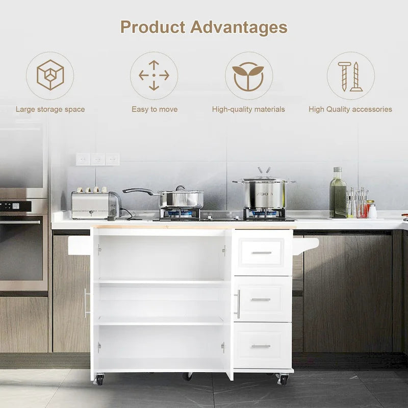 Îlot de cuisine mobile et chariot de cuisine, avec plateau extensible en bois d'hévéa et 3 tiroirs - 53,93(L) x 17(l) x 36,22(H)