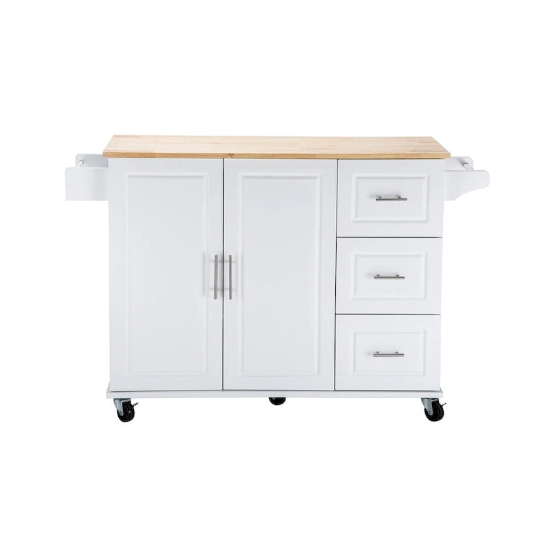 Îlot de cuisine mobile et chariot de cuisine, avec plateau extensible en bois d'hévéa et 3 tiroirs - 53,93(L) x 17(l) x 36,22(H)
