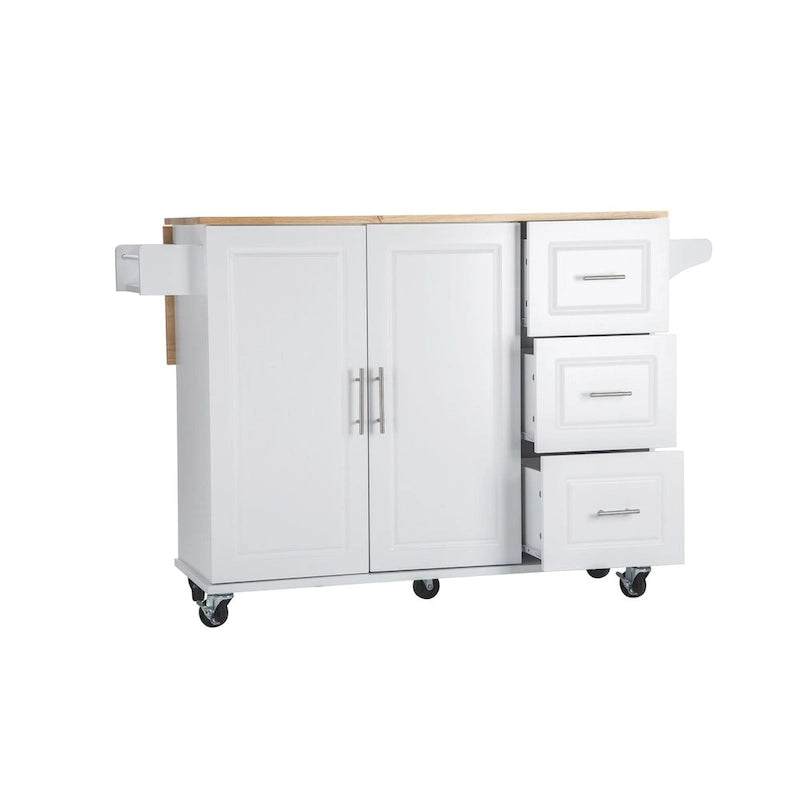 Îlot de cuisine mobile et chariot de cuisine, avec plateau extensible en bois d'hévéa et 3 tiroirs - 53,93(L) x 17(l) x 36,22(H)