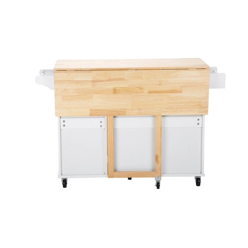 Îlot de cuisine mobile et chariot de cuisine, avec plateau extensible en bois d'hévéa et 3 tiroirs - 53,93(L) x 17(l) x 36,22(H)