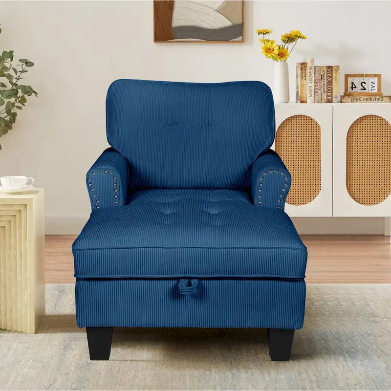 Chaise longue d'intérieur, canapé-lit, fauteuil rembourré pour chambre à coucher et salon avec rivets, bleu