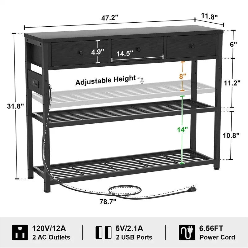 Table d'entrée de 11,8 P x 47,2 L x 31,8 H avec prises électriques et ports USB