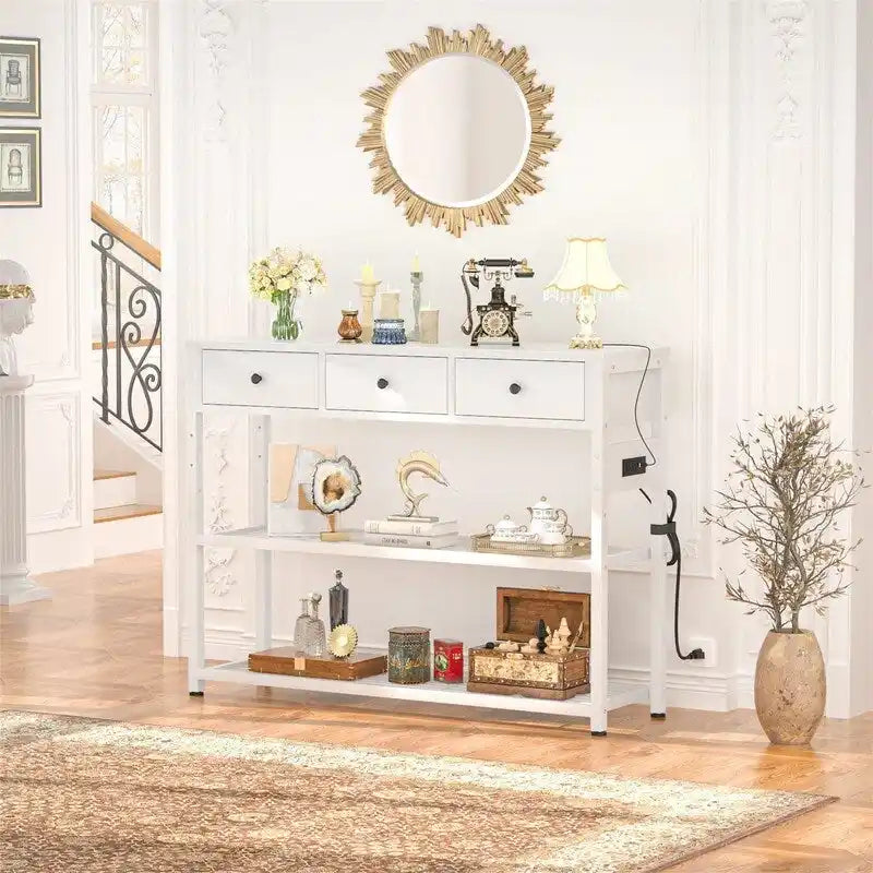 Table d'entrée de 11,8 P x 47,2 L x 31,8 H avec prises électriques et ports USB
