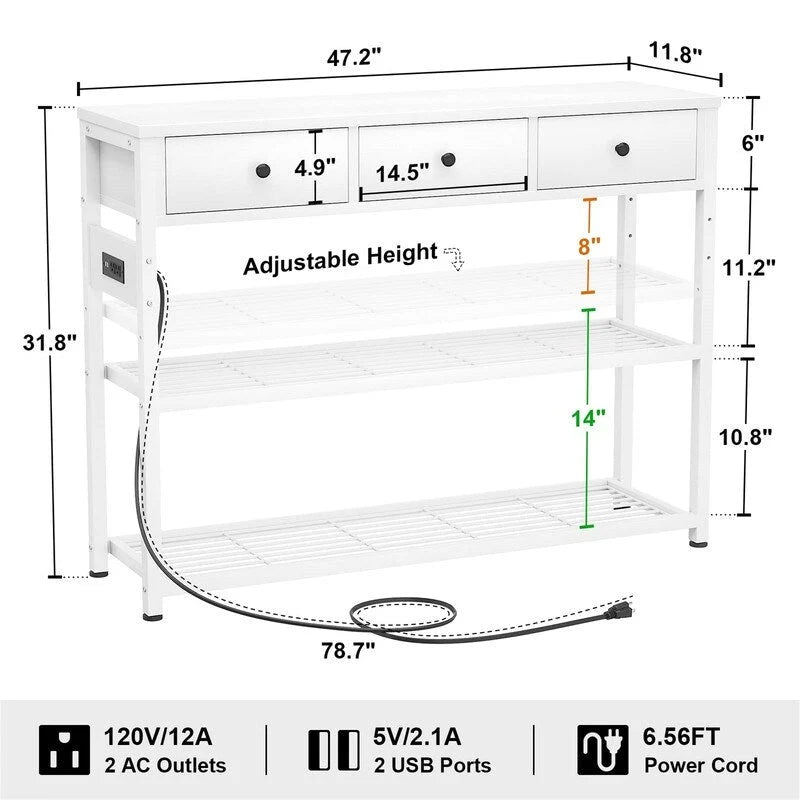 Table d'entrée de 11,8 P x 47,2 L x 31,8 H avec prises électriques et ports USB