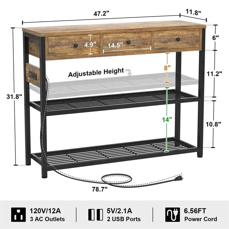 Table d'entrée de 11,8 P x 47,2 L x 31,8 H avec prises électriques et ports USB