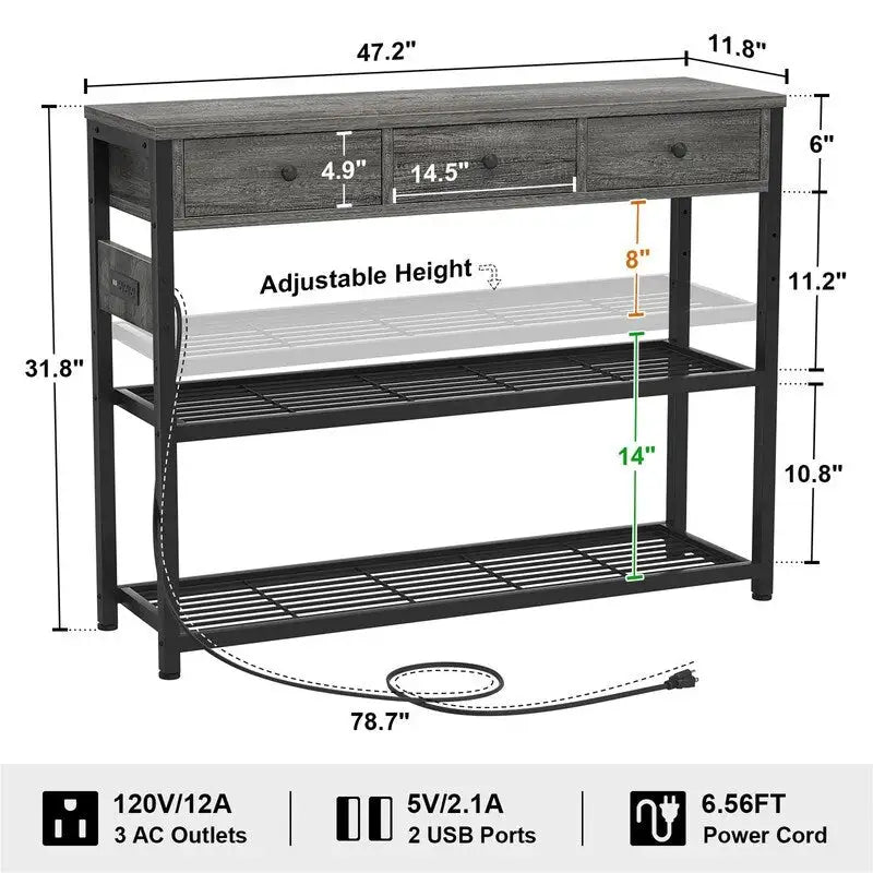 Table d'entrée de 11,8 P x 47,2 L x 31,8 H avec prises électriques et ports USB