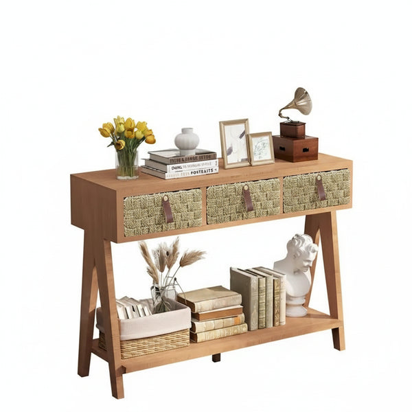 Modern Wood Console Table with Storage and Open Storage Shelf