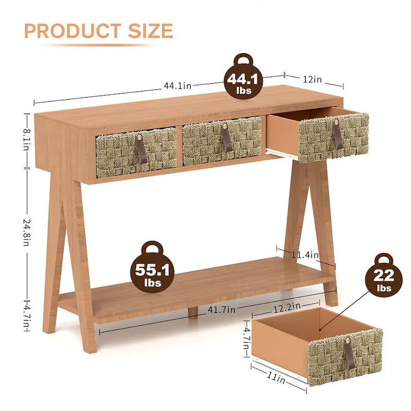 Console en bois moderne avec tiroirs de rangement et étagère ouverte