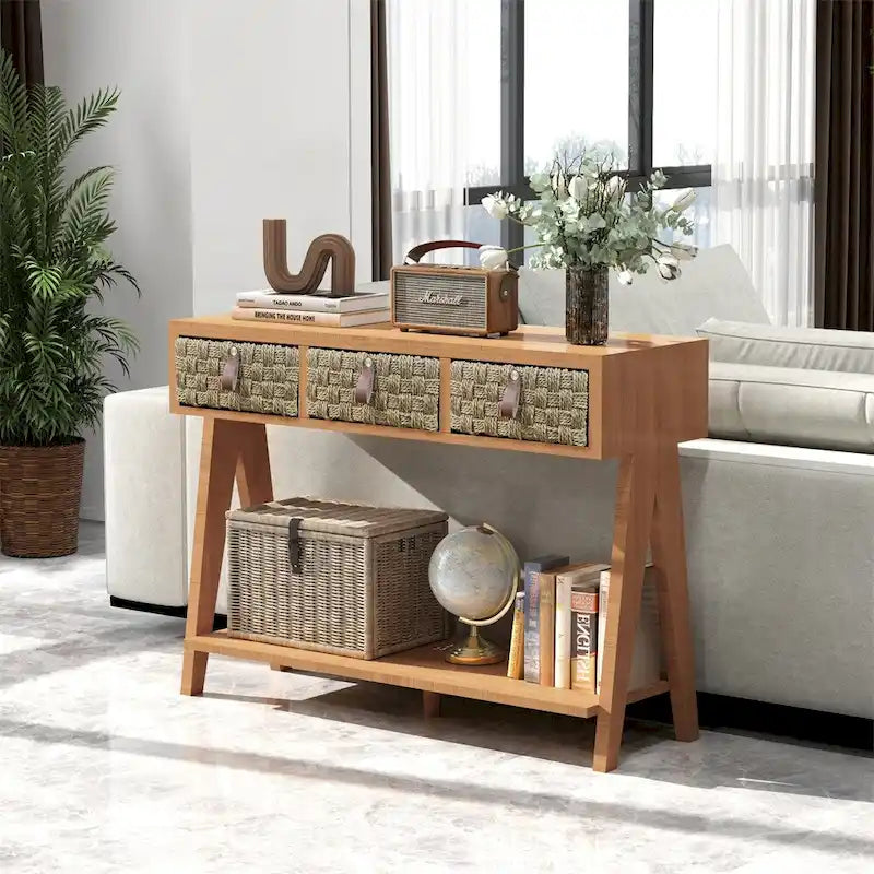 Console en bois moderne avec tiroirs de rangement et étagère ouverte