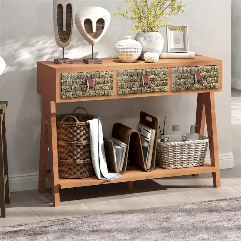 Console en bois moderne avec tiroirs de rangement et étagère ouverte