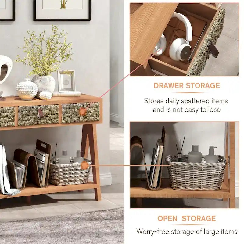 Console en bois moderne avec tiroirs de rangement et étagère ouverte